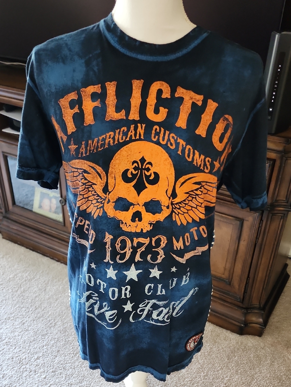 Distressed Affliction Navy Blue Tee with Orange Skull Graphic